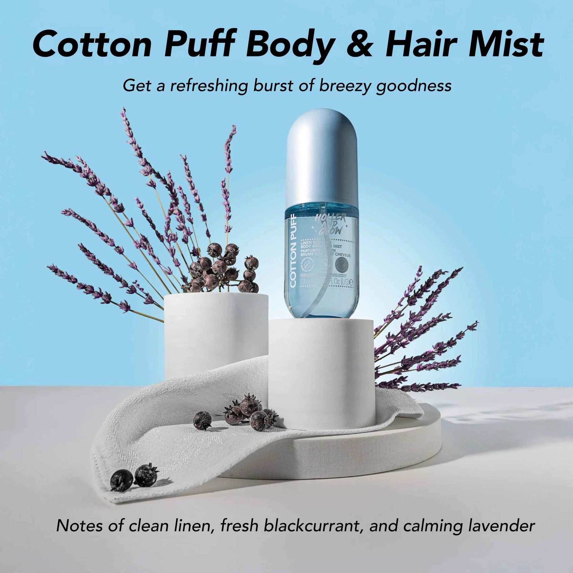 Holler and Glow Cotton Puff Body and Hair Mist – Fresh Clean Scent, Water-Based Spray, 3.38 fl oz