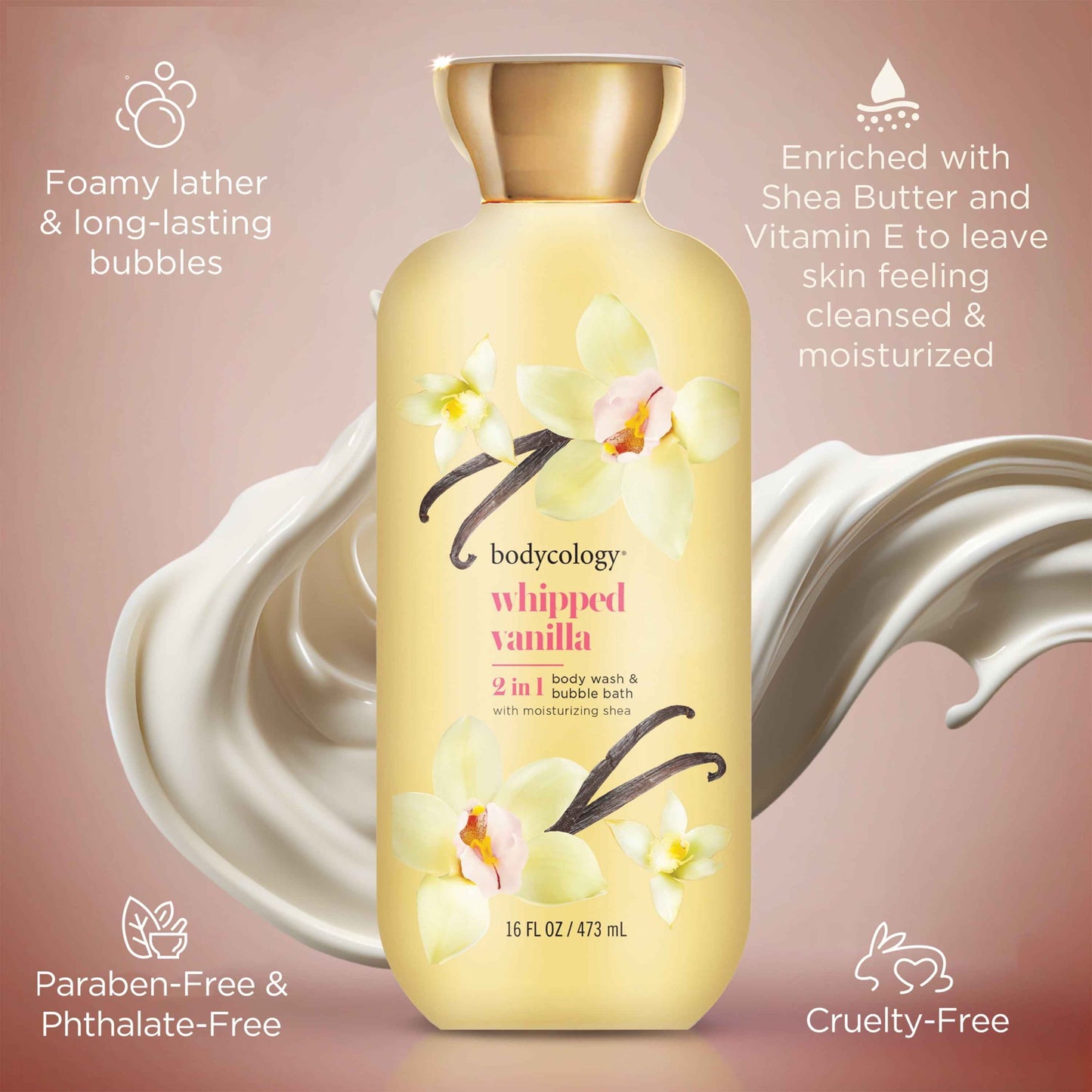 Bodycology 2-in-1 Body Wash & Bubble Bath – Whipped Vanilla – 16 fl oz