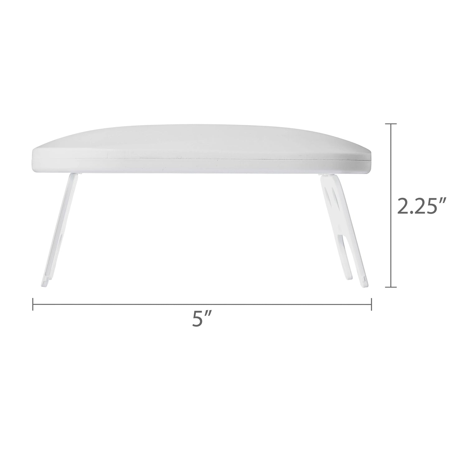 White cushioned stool with dimensions labeled on a white background