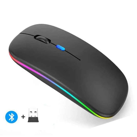 Black wireless mouse with RGB lighting on a white background