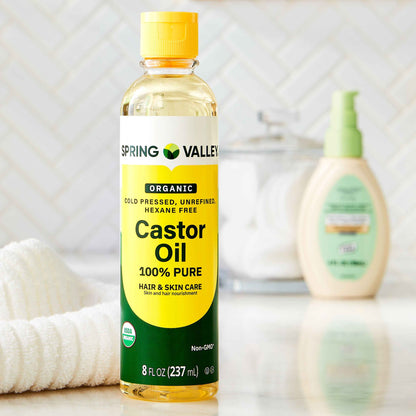Spring Valley Cold-Pressed Castor Oil – Organic, Unrefined & Hexane-Free – For Hair, Skin & Brows – 8 fl oz