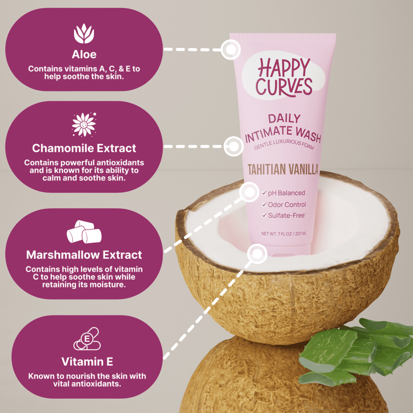 Happy Curves Feminine Intimate Wash – Tahitian Vanilla, 7 fl oz, pH-Balanced Daily Cleanser