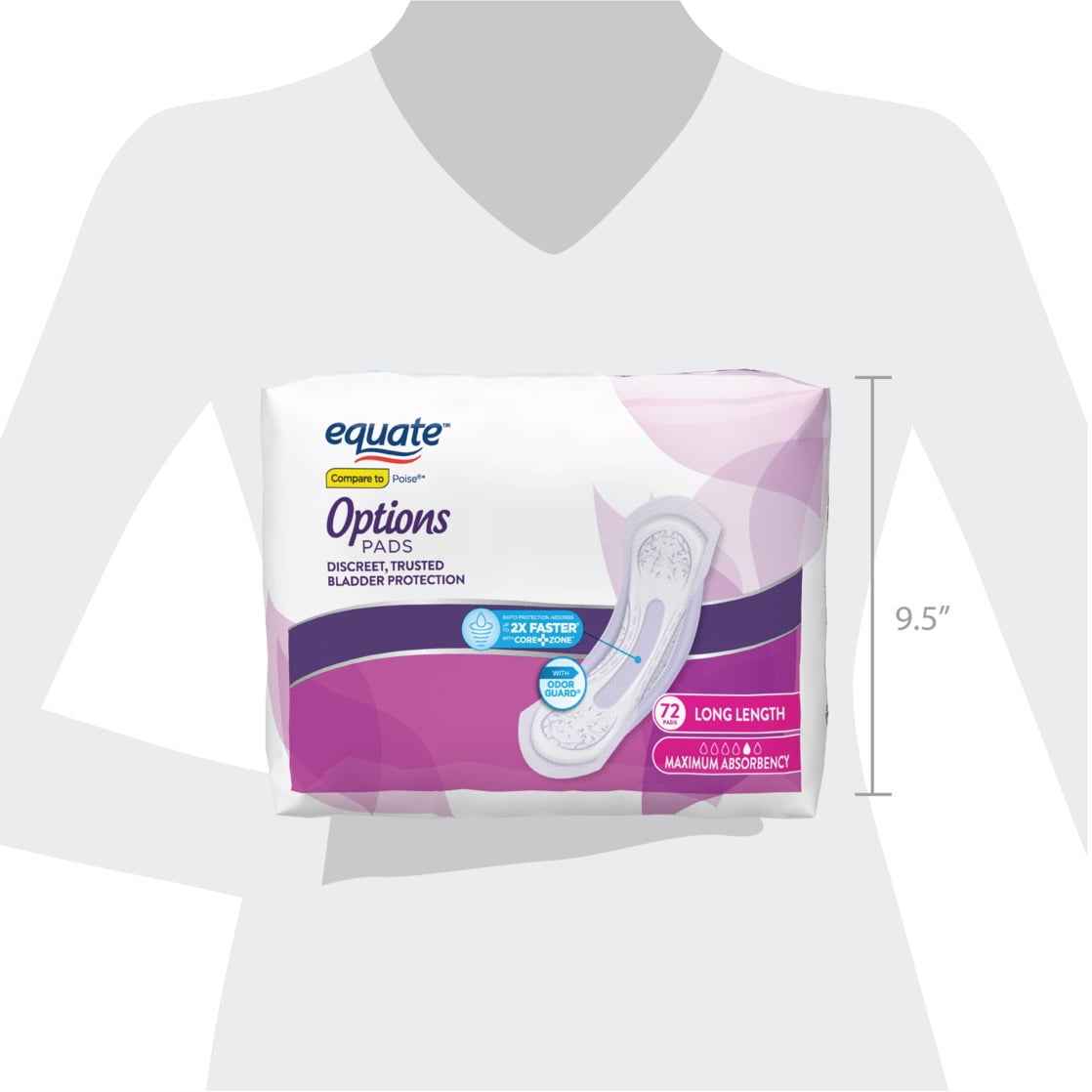 Equate Options Women’s Incontinence Pads, Maximum Absorbency, Long Length, 72 Count