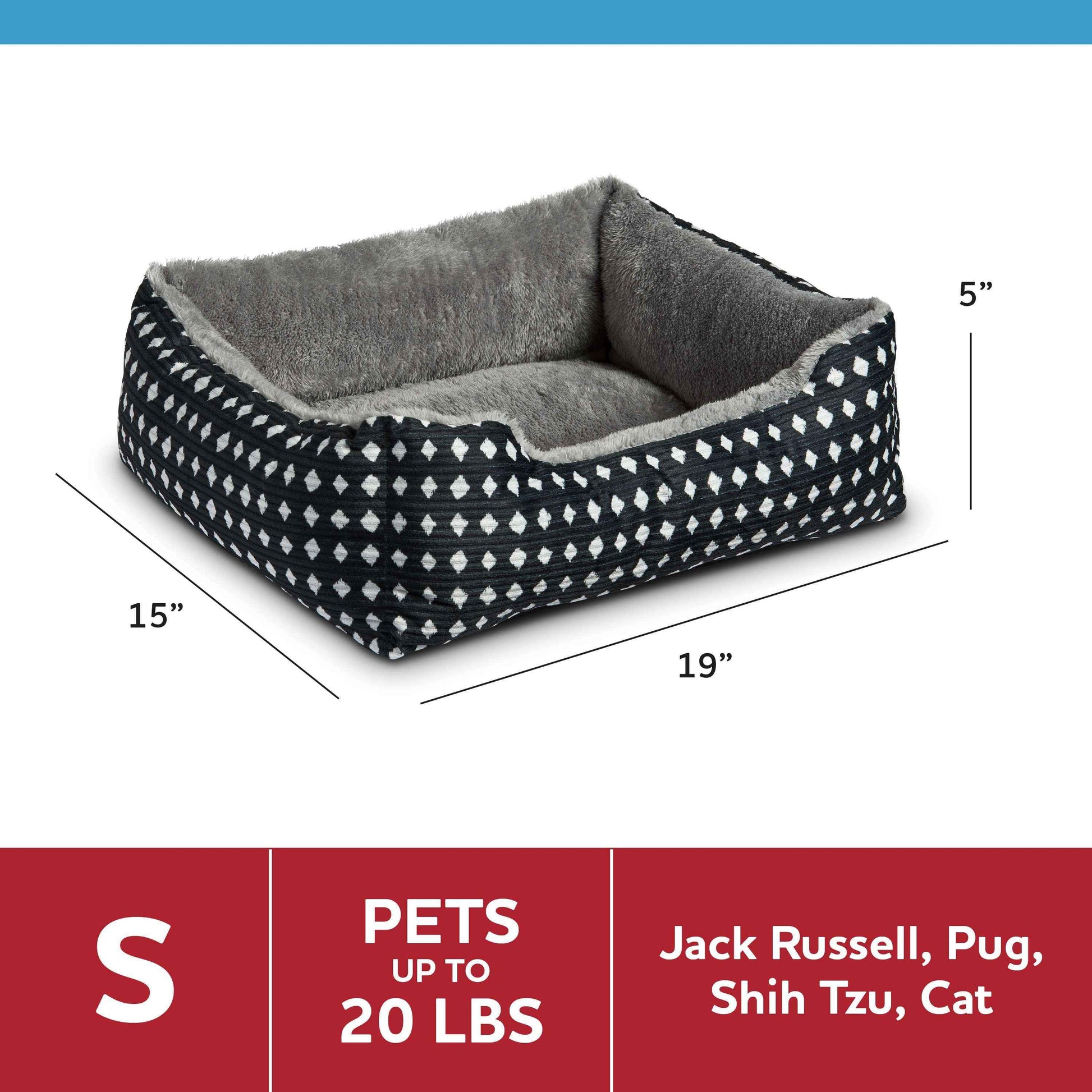 VibrantLife Plush Cuddler Pet Bed – Portable Dog & Cat Bed, Black & White Diamonds, 19" × 15"