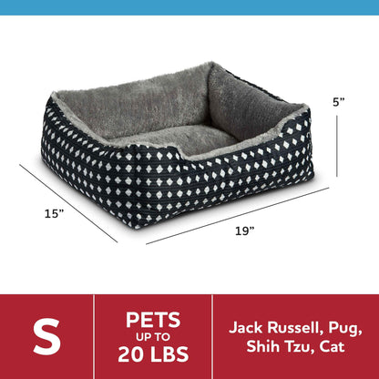 VibrantLife Plush Cuddler Pet Bed – Portable Dog & Cat Bed, Black & White Diamonds, 19" × 15"