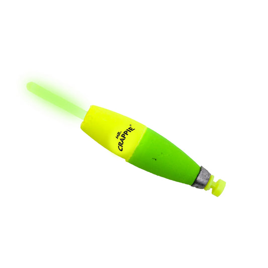 Betts Mr. Crappie M2BW-2YG-GL Flo-Glo Lighted Fishing Bobbers – 2.5", Cigar Shape, Yellow/Green, 2-Pack