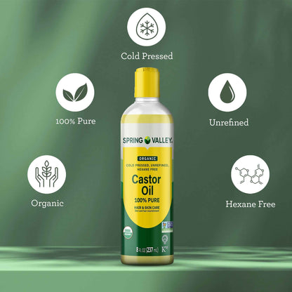 Spring Valley Cold-Pressed Castor Oil – Organic, Unrefined & Hexane-Free – For Hair, Skin & Brows – 8 fl oz