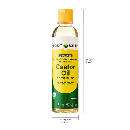 Spring Valley Cold-Pressed Castor Oil – Organic, Unrefined & Hexane-Free – For Hair, Skin & Brows – 8 fl oz