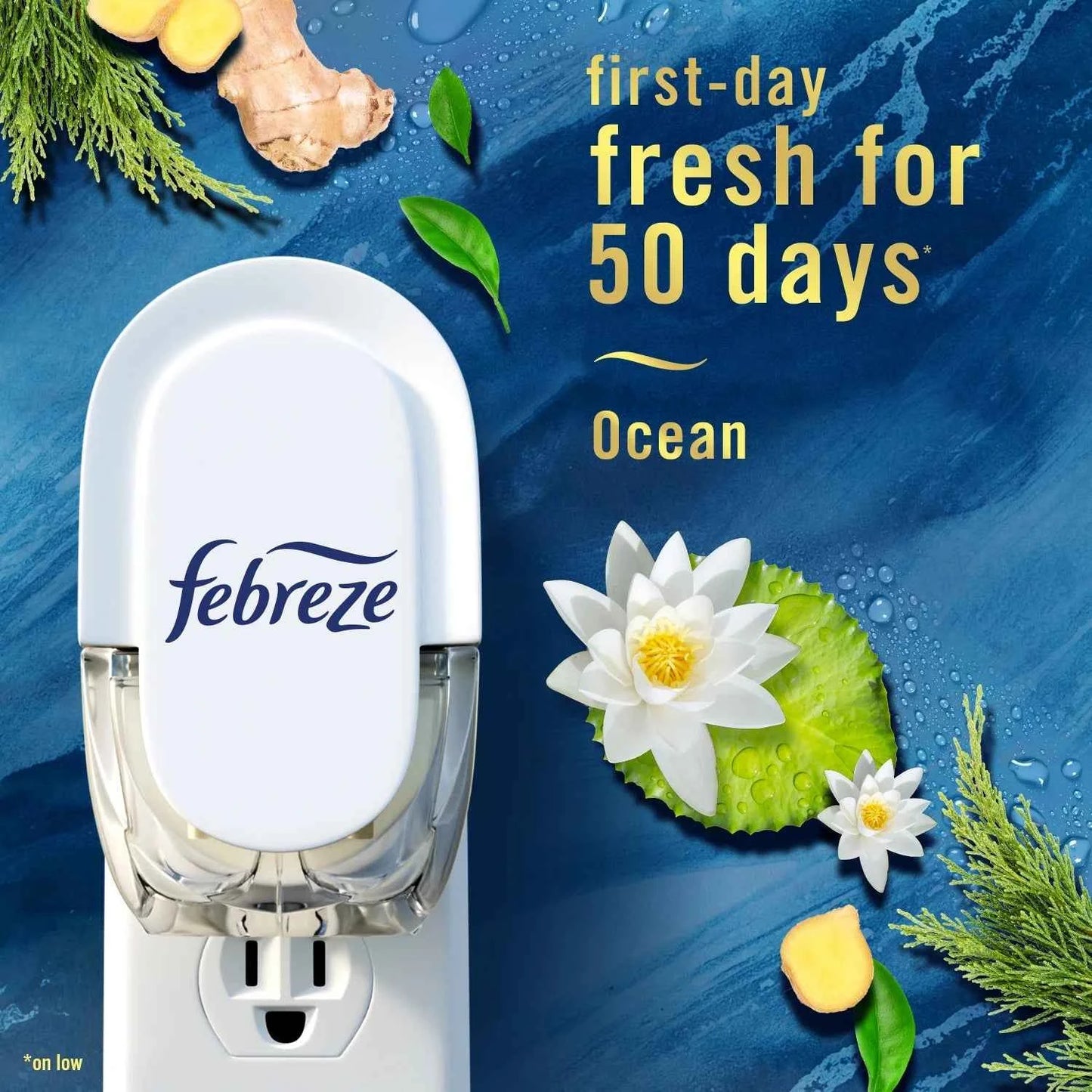 Febreze PLUG Starter Kit - Ocean Scented Oil Air Freshener | Warmer + 1 Refill | Fade Defy Odor Fighter