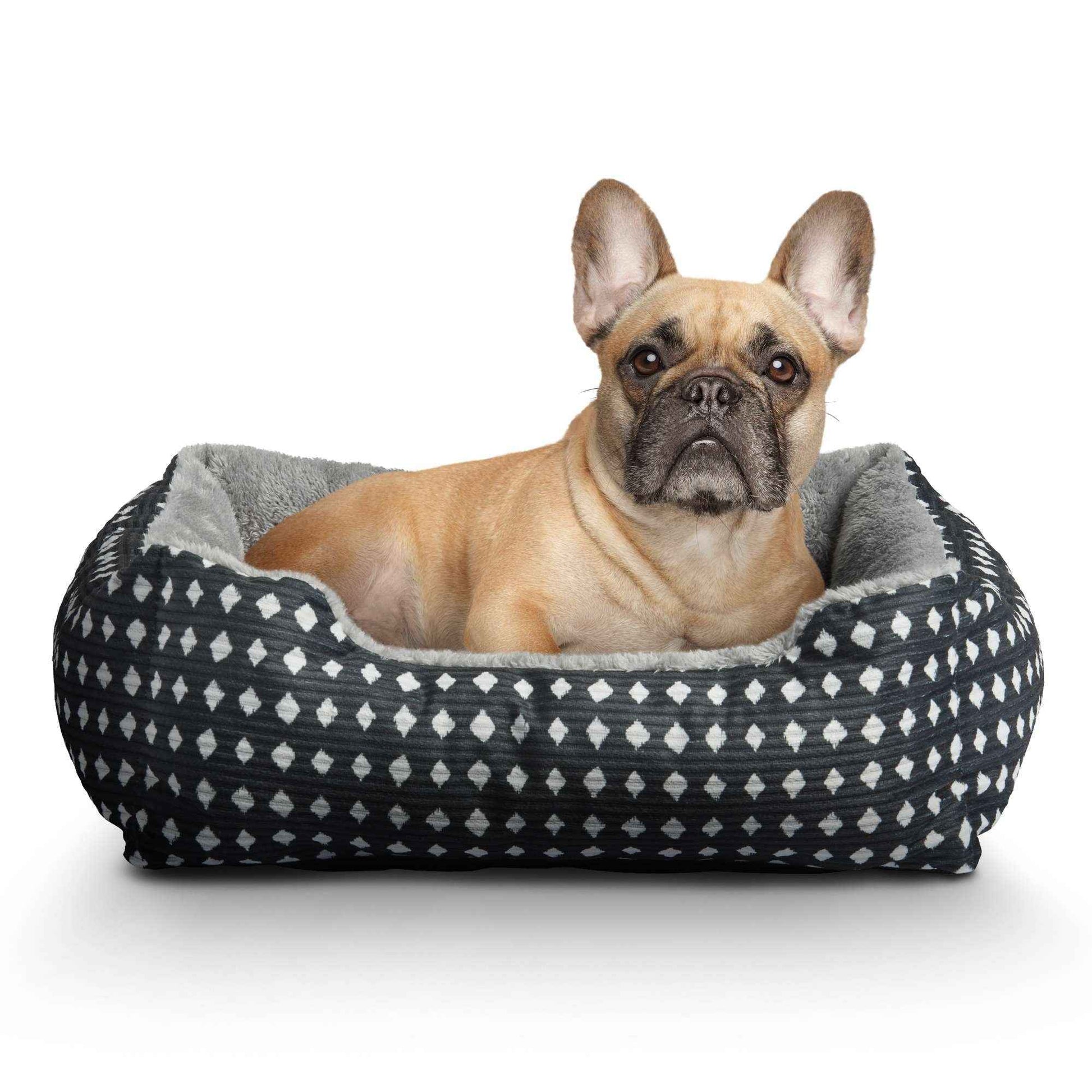 VibrantLife Plush Cuddler Pet Bed – Portable Dog & Cat Bed, Black & White Diamonds, 19" × 15"