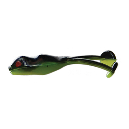 Fishing lure with a green body and red eye on a white background