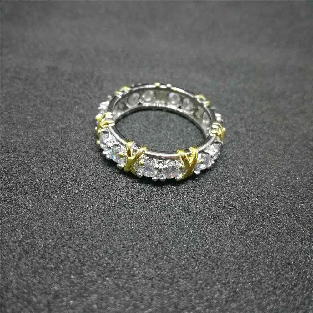 X-Shaped Ring for Women – White Cubic Zirconia, 925 Silver Plated, Gold Color Finish