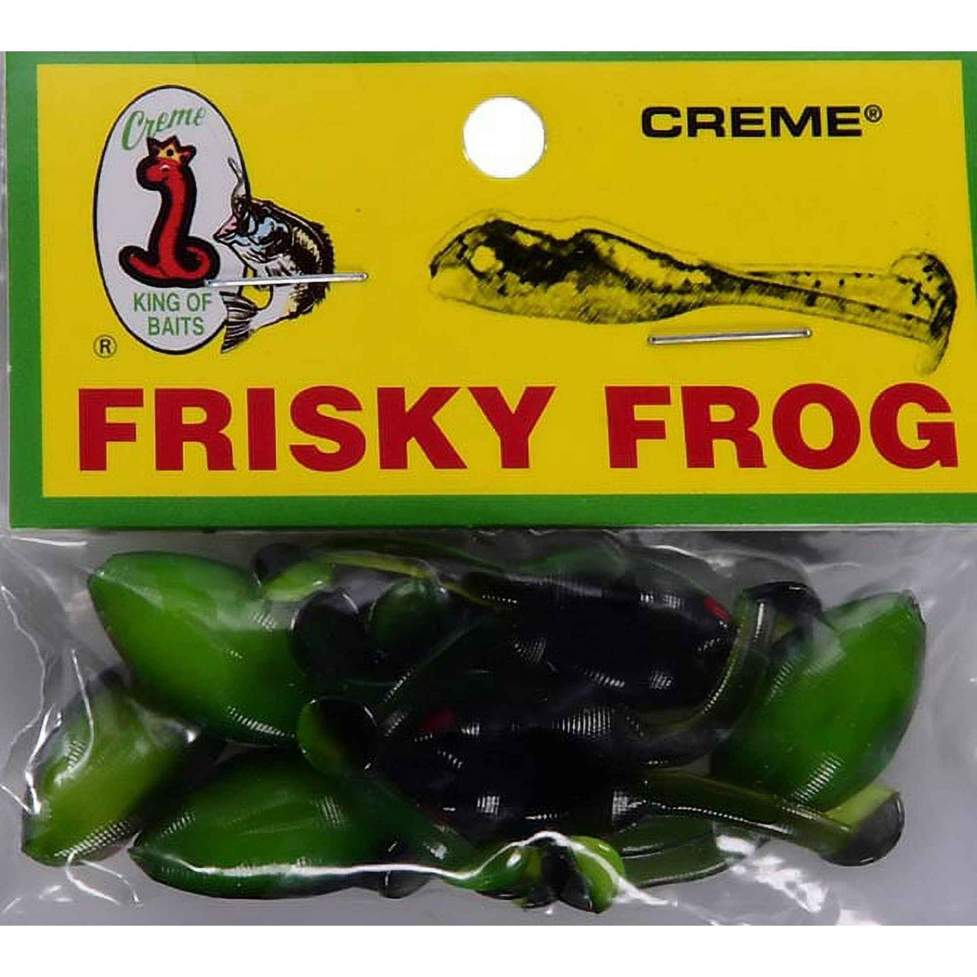 Creme Lure Frisky Frog Lure - Black & Chartreuse (7 Count) | Top-water Soft Bait for Bass & Pike